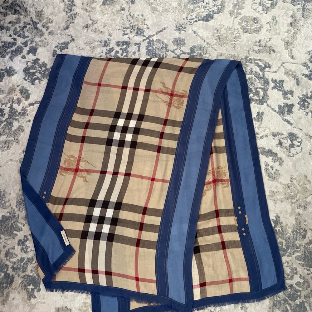 Burberry Authentic Blue and Beige Plaid Extra Large Scarf 26x73